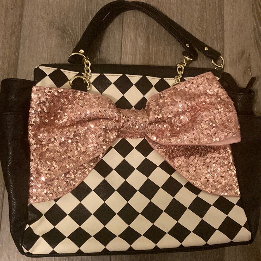 Checkerboard and pink sequin bow Betsey Johnson purse